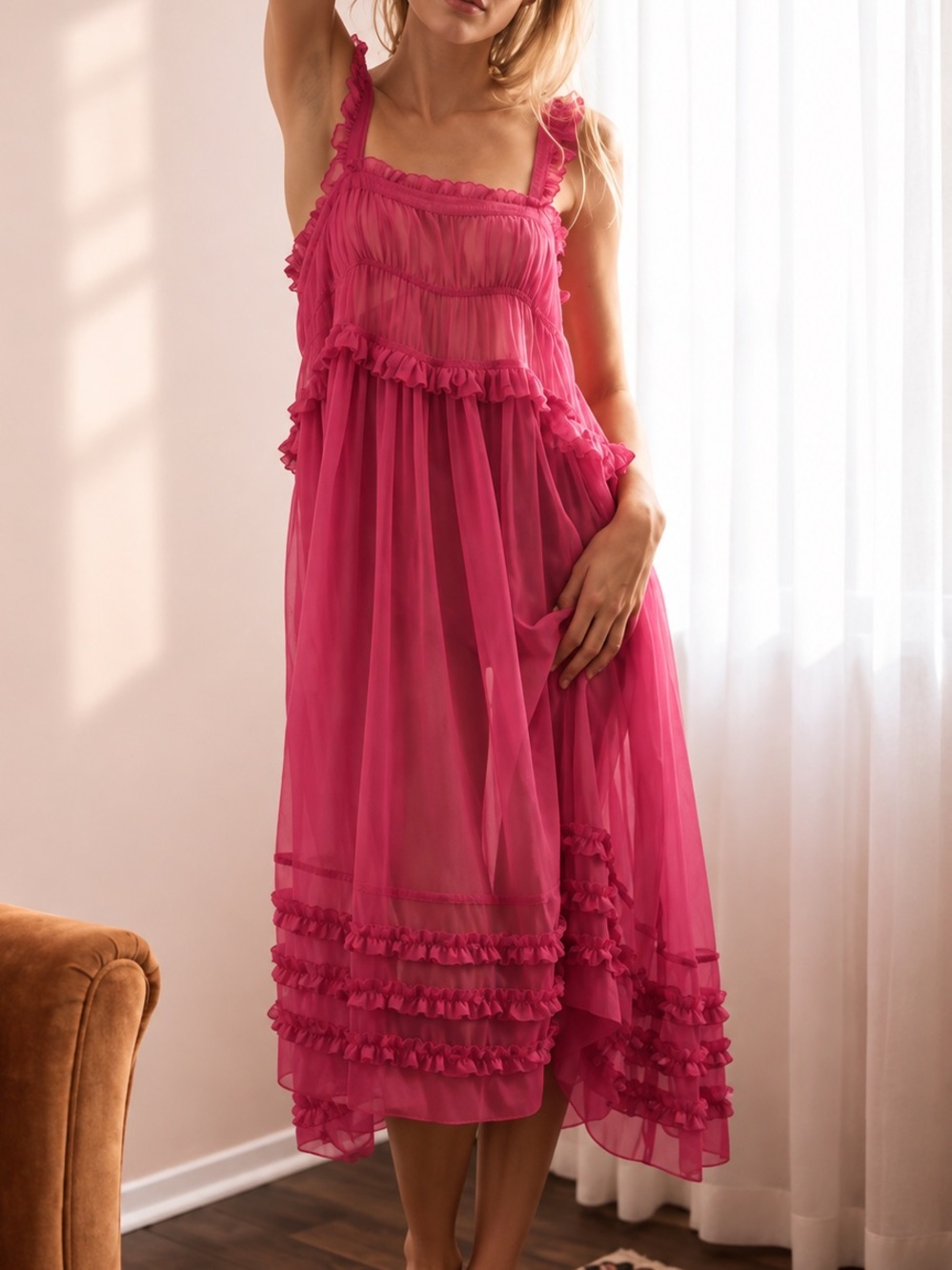 Intimately Free People Pink Sheer Ruffle Maxi Slip Dress XS